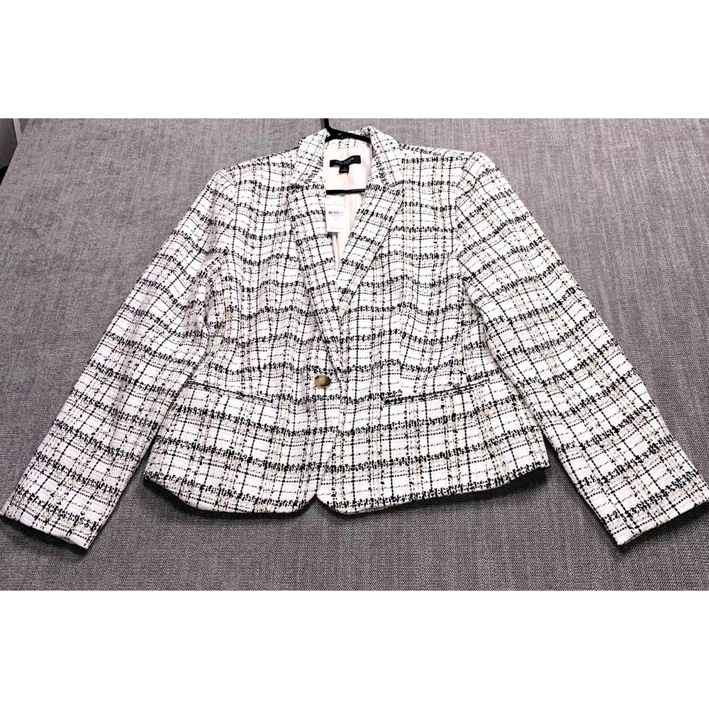 Ann Taylor The Modern Newbury Blazer Jacket Womens 14 White Black Tweed Plaid